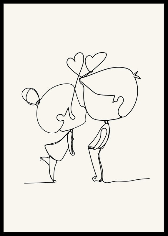 Poster med en minimalistisk line art illustration av en flicka och en pojke som förmedlar kärlek-12