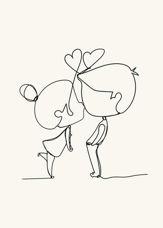Poster med en minimalistisk line art illustration av en flicka och en pojke som förmedlar kärlek-12