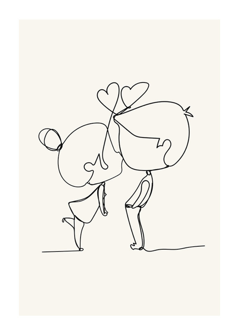 Poster med en minimalistisk line art illustration av en flicka och en pojke som förmedlar kärlek-12