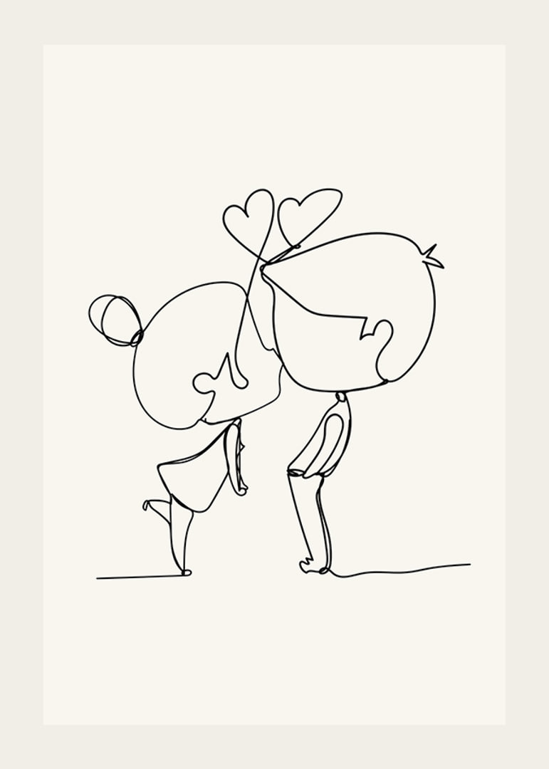 Poster med en minimalistisk line art illustration av en flicka och en pojke som förmedlar kärlek-12