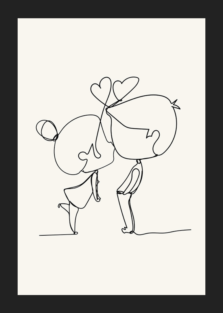 Poster med en minimalistisk line art illustration av en flicka och en pojke som förmedlar kärlek-12
