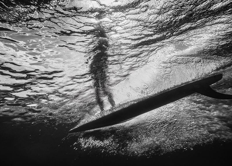 Black and white poster with a photograph of an underwater view with a silhouette of a surfer-12