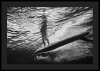 Black and white poster with a photograph of an underwater view with a silhouette of a surfer-4
