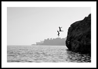 Black and white poster with a photograph of two people jumping from a cliff into the sea-0