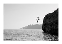 Black and white poster with a photograph of two people jumping from a cliff into the sea-1