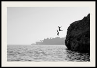 Black and white poster with a photograph of two people jumping from a cliff into the sea-2