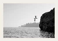 Black and white poster with a photograph of two people jumping from a cliff into the sea-3