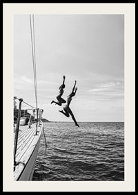 Black and white poster with a photograph of two people jumping from a sailboat into the sea-2