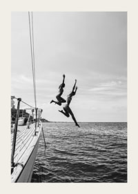 Black and white poster with a photograph of two people jumping from a sailboat into the sea-3