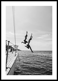 Black and white poster with a photograph of two people jumping from a sailboat into the sea-0