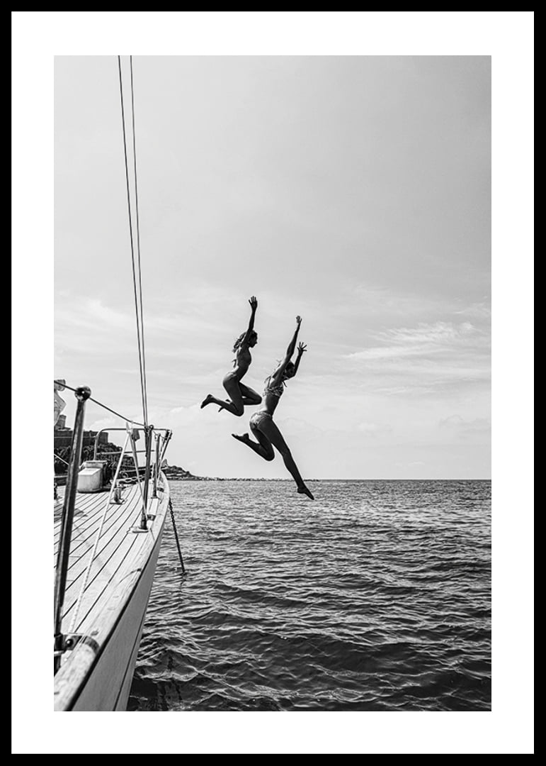 Black and white poster with a photograph of two people jumping from a sailboat into the sea-12