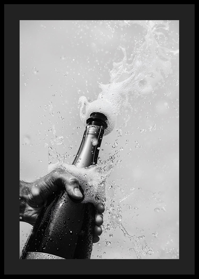 Schwarz-weißes Poster mit einem Foto einer gerade geöffneten Champagnerflasche-12