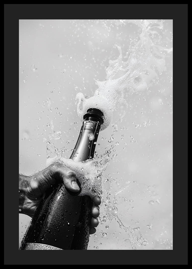 Svartvit poster med ett fotografi på en champagneflaska som just har öppnats-12