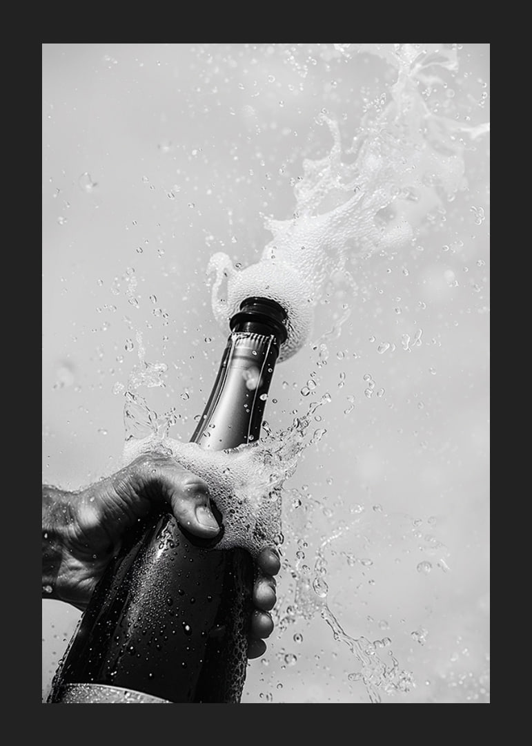 Schwarz-weißes Poster mit einem Foto einer gerade geöffneten Champagnerflasche-12