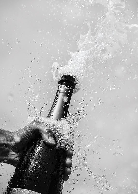 Schwarz-weißes Poster mit einem Foto einer gerade geöffneten Champagnerflasche-12