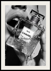Black and white poster with a sensual photograph of a woman holding a Chanel No5 perfume bottle-2
