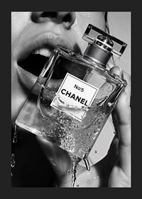 Black and white poster with a sensual photograph of a woman holding a Chanel No5 perfume bottle-5
