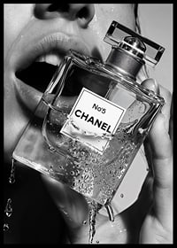 Black and white poster with a sensual photograph of a woman holding a Chanel No5 perfume bottle-6