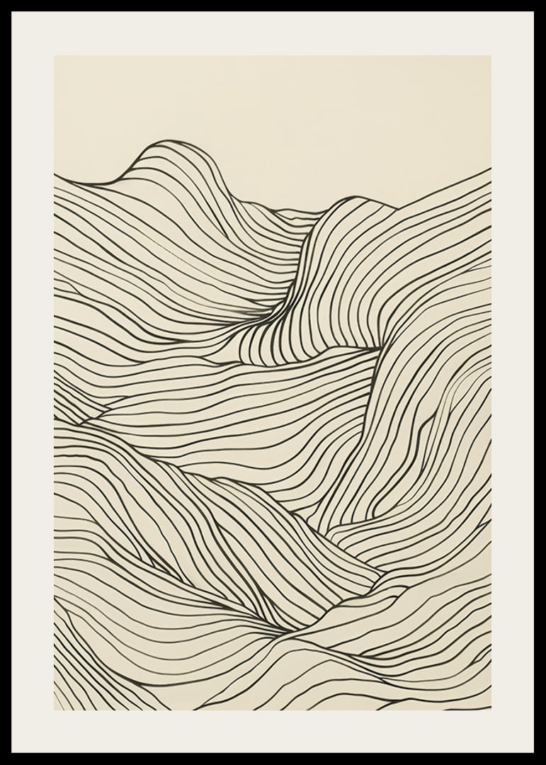 Poster med en minimalistisk abstrakt line art illustration av ett böljande landskap-12