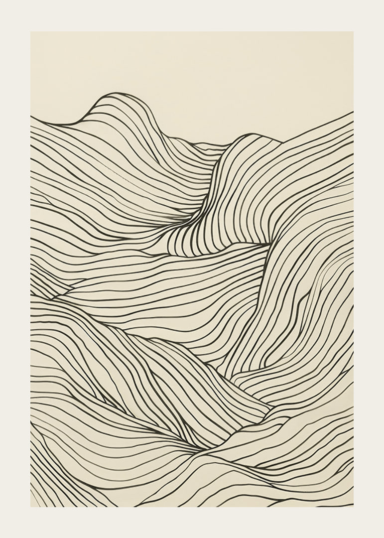 Poster med en minimalistisk abstrakt line art illustration av ett böljande landskap-12
