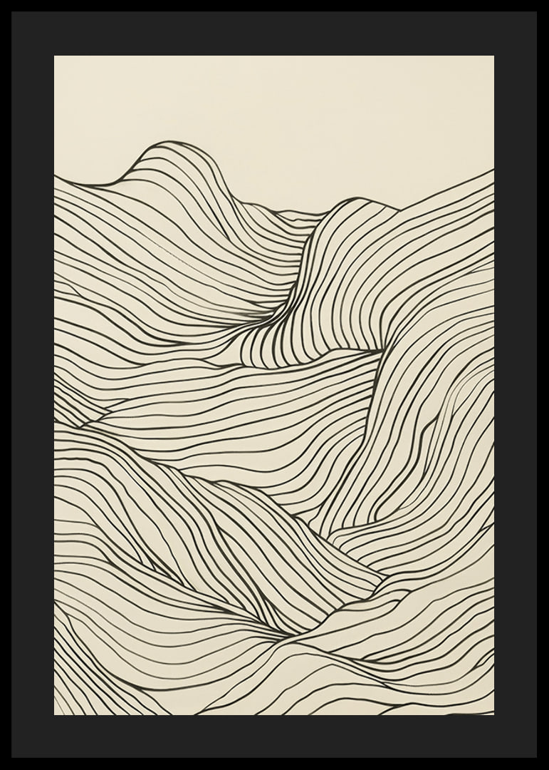 Poster med en minimalistisk abstrakt line art illustration av ett böljande landskap-12