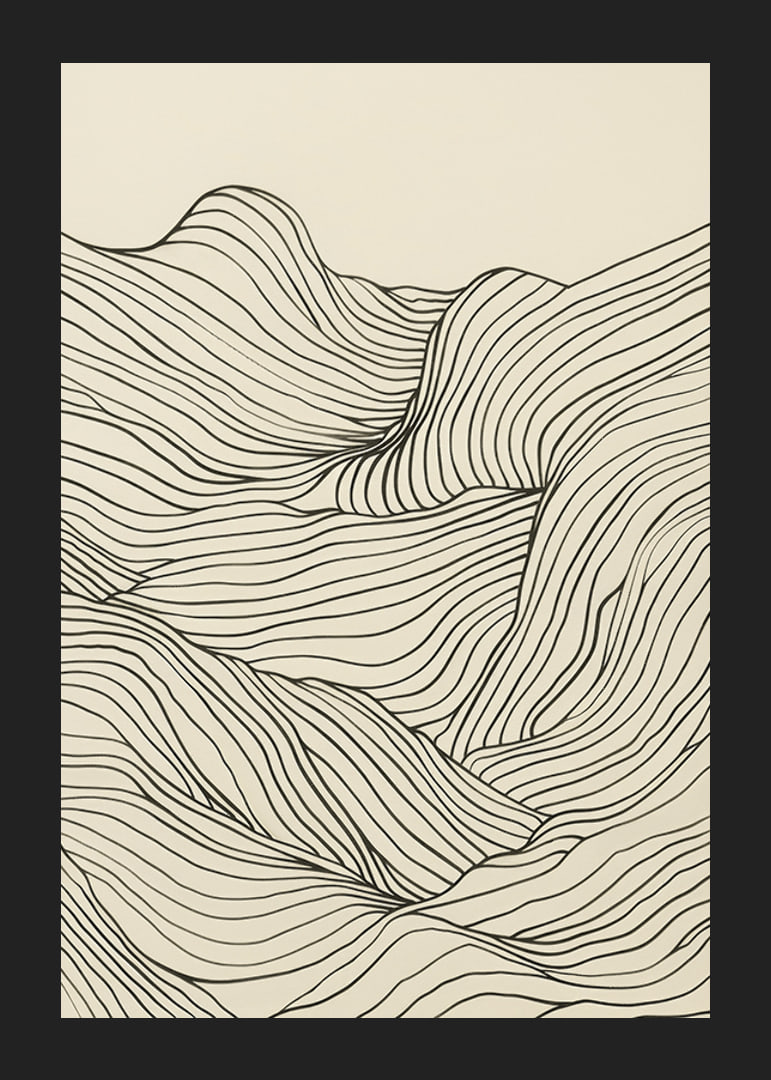 Poster med en minimalistisk abstrakt line art illustration av ett böljande landskap-12
