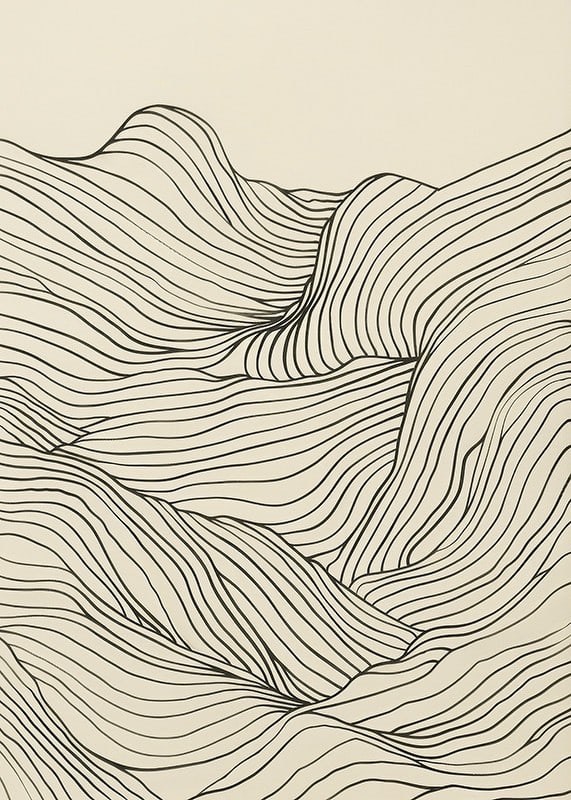 Poster med en minimalistisk abstrakt line art illustration av ett böljande landskap-12