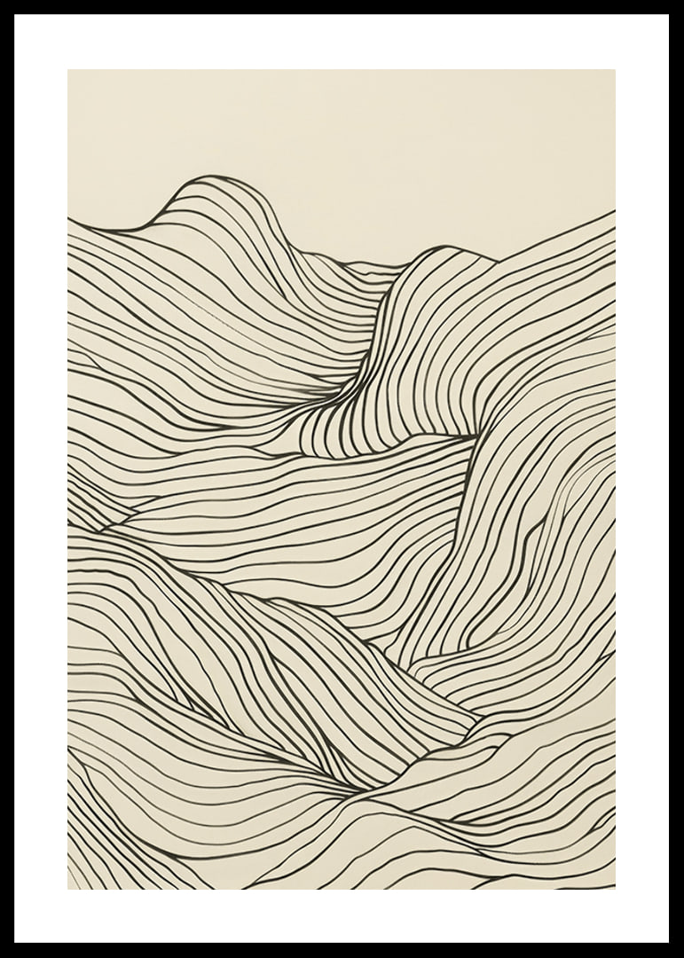 Poster med en minimalistisk abstrakt line art illustration av ett böljande landskap-12