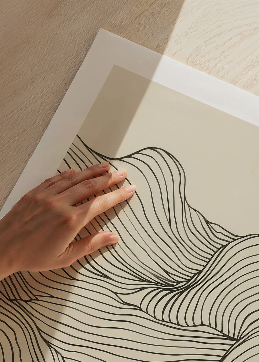 Poster med en minimalistisk abstrakt line art illustration av ett böljande landskap-12