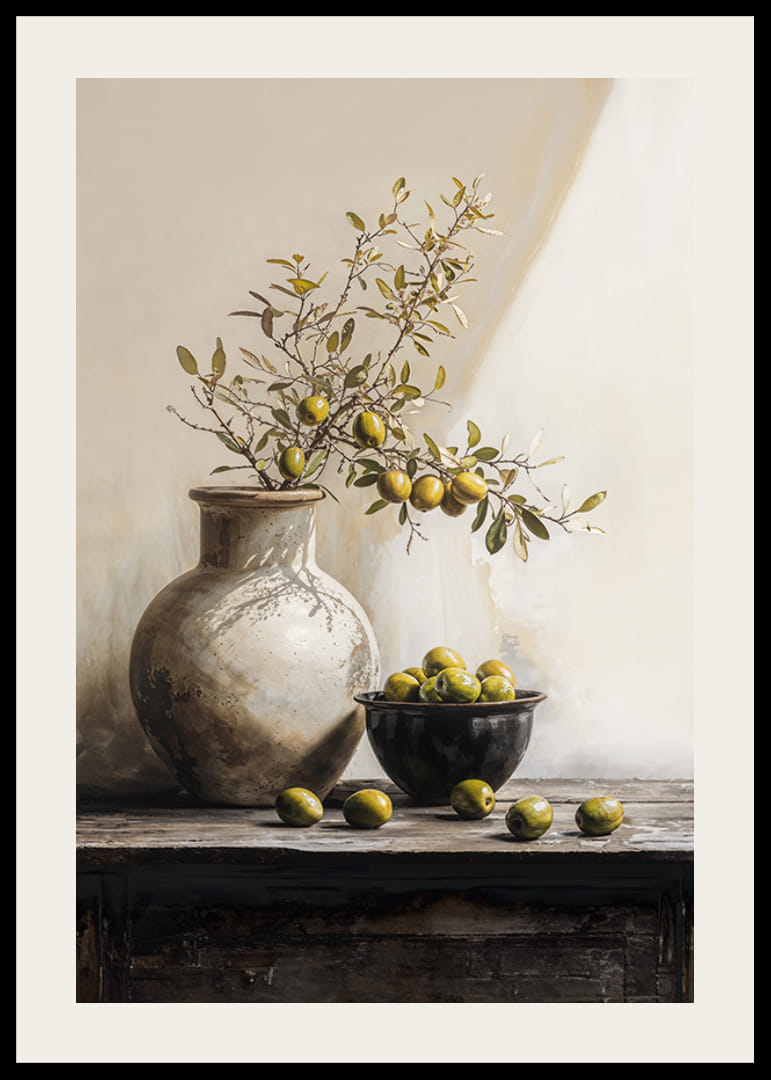 Poster met een aquarel van een olijftak in een pot-12