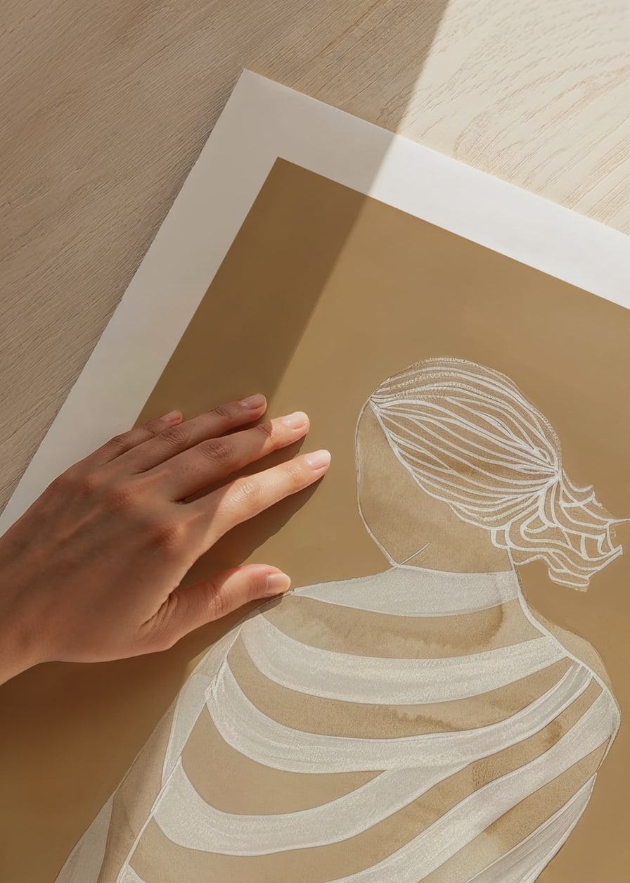 Poster with a watercolor painting of a woman in a striped white dress-12