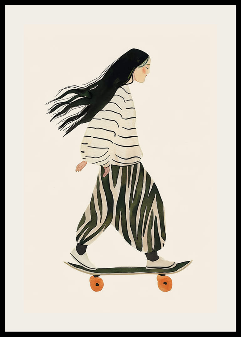 Poster med en akvarellmålning av en kvinna på en skateboard-12