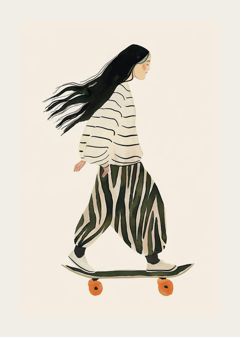 Poster med en akvarellmålning av en kvinna på en skateboard-12