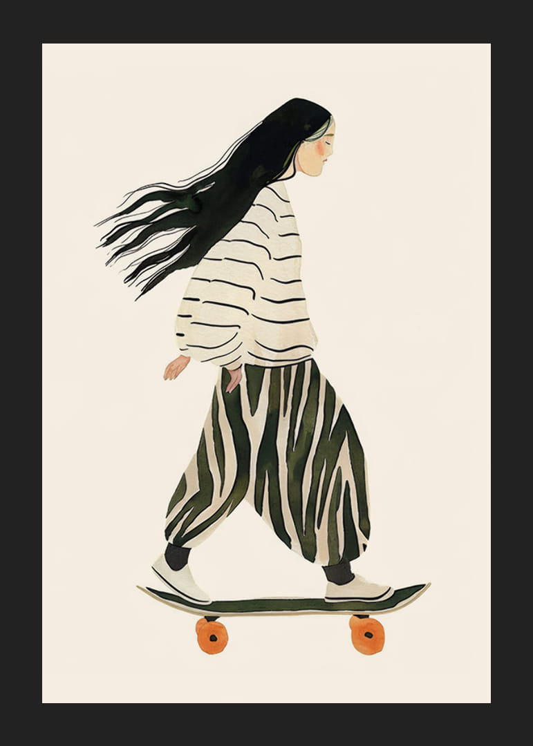 Poster med en akvarellmålning av en kvinna på en skateboard-12