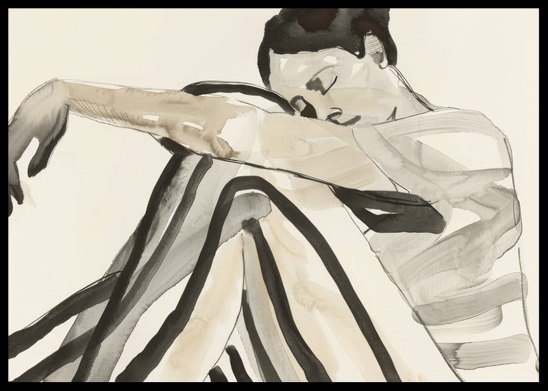 Poster with a watercolor painting of a young woman in striped clothes-12