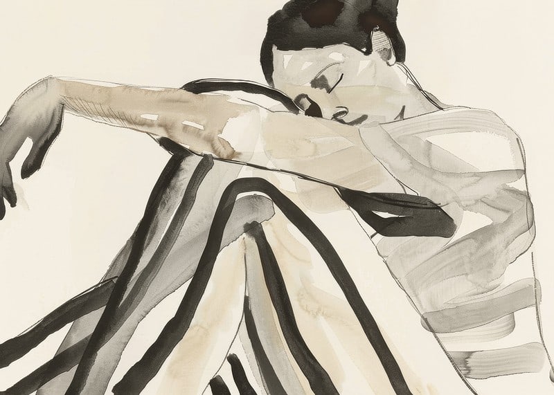 Poster with a watercolor painting of a young woman in striped clothes-12