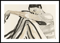 Poster with a watercolor painting of a young woman in striped clothes-0