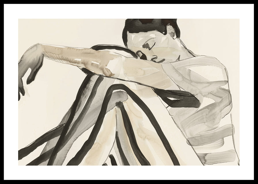 Poster with a watercolor painting of a young woman in striped clothes-12