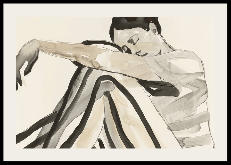 Poster with a watercolor painting of a young woman in striped clothes-12