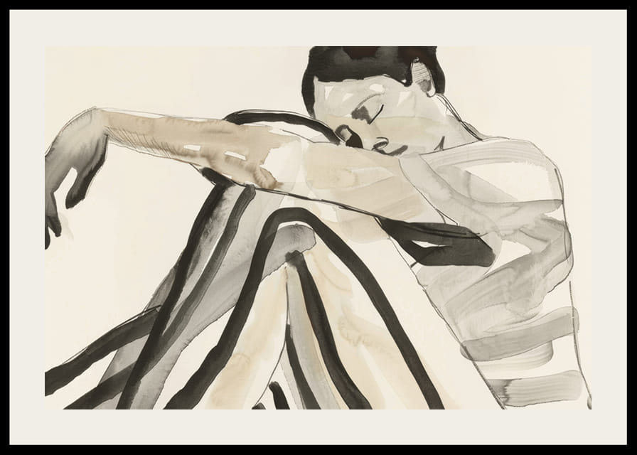 Poster with a watercolor painting of a young woman in striped clothes-12