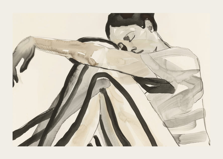 Poster with a watercolor painting of a young woman in striped clothes-12