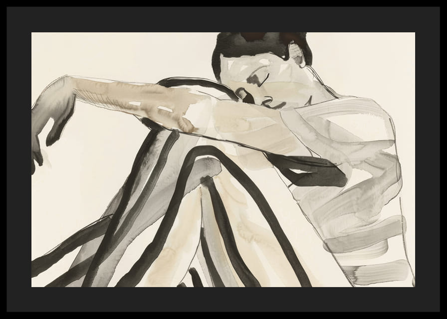 Poster with a watercolor painting of a young woman in striped clothes-12