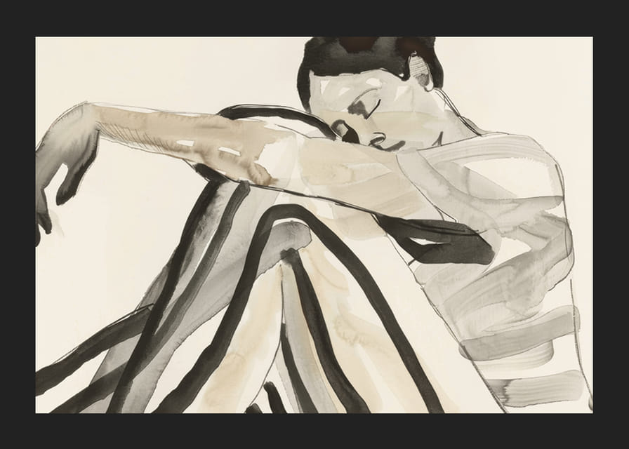 Poster with a watercolor painting of a young woman in striped clothes-12