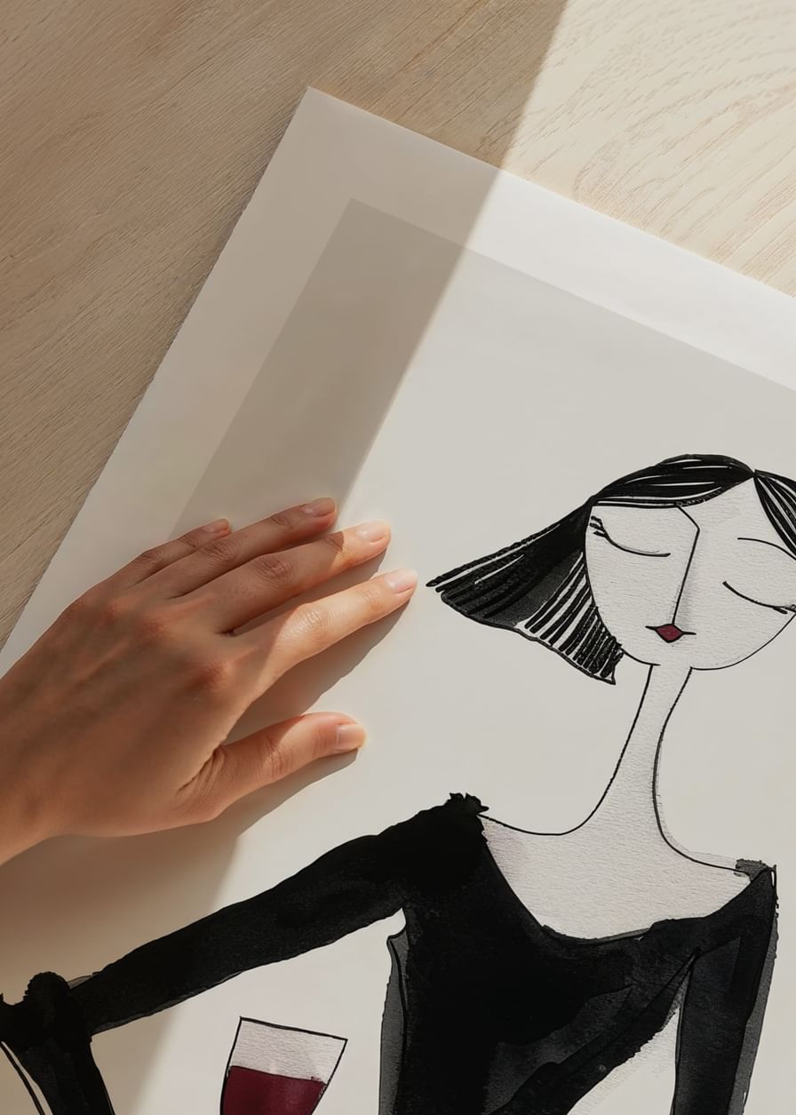 Poster cu o pictură în acuarelă a unei femei abstracte ținând un pahar de vin-12