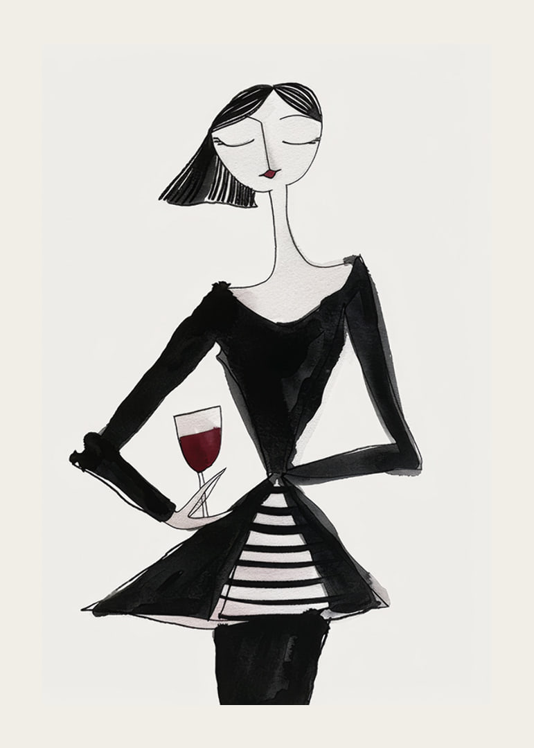 Poster with a watercolor painting of an abstract woman holding a wine glass-12