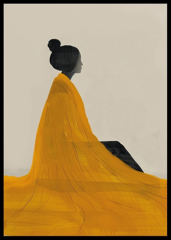 Poster with a watercolor painting of a woman in a yellow dress painted in the Japanese Edo style-12