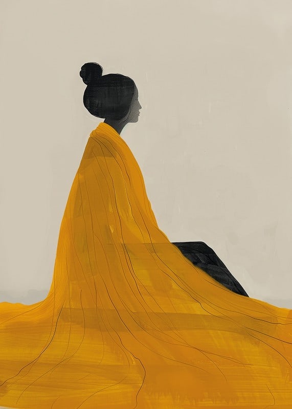 Poster with a watercolor painting of a woman in a yellow dress painted in the Japanese Edo style-12