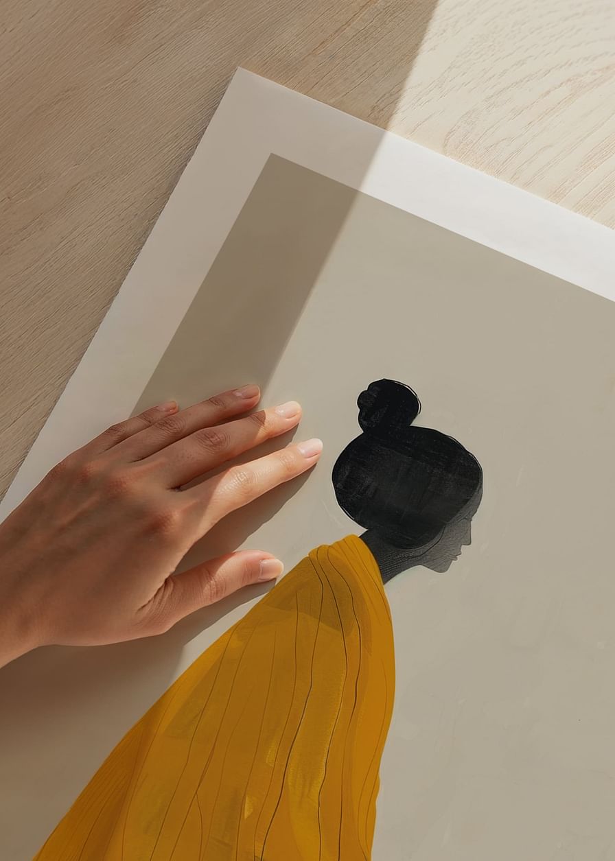 Poster cu o pictură în acuarelă a unei femei într-o rochie galbenă pictată în stilul japonez Edo-12