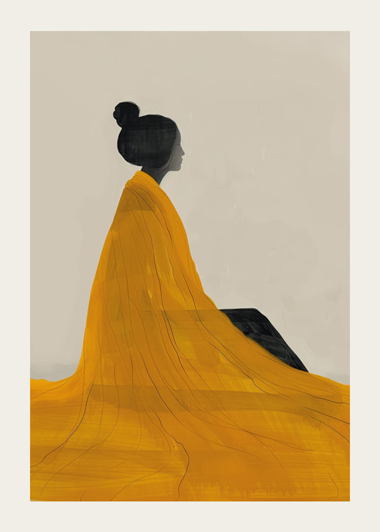 Poster with a watercolor painting of a woman in a yellow dress painted in the Japanese Edo style-12