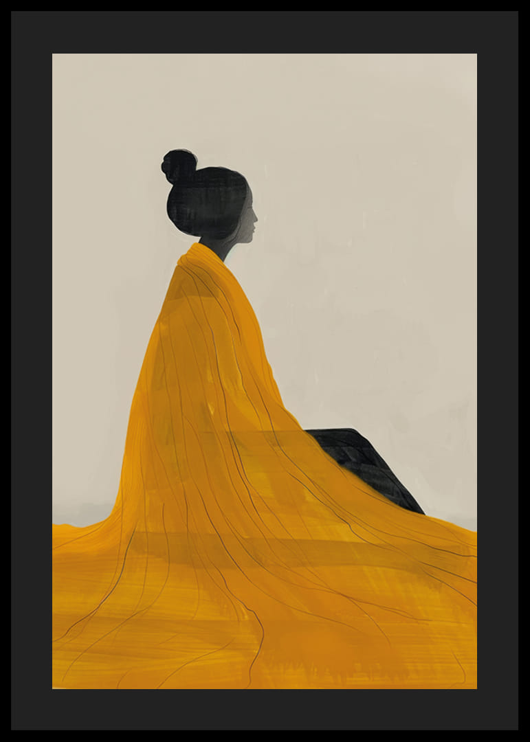 Poster with a watercolor painting of a woman in a yellow dress painted in the Japanese Edo style-12